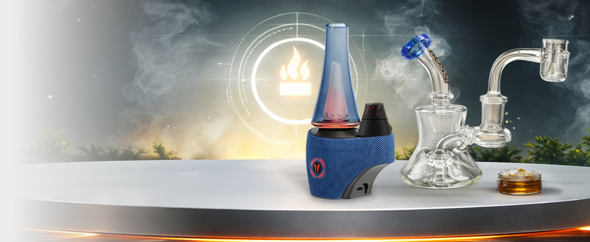 A modern electronic smart dab rig (Utillian 8 Turbo) showcased next to a traditional glass dab rig setup with a concentrate jar